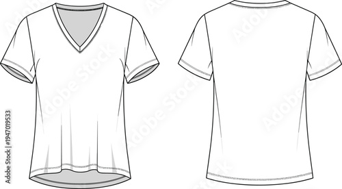 Women’s V neck short sleeve T shirt technical flat sketch with front and back view casual apparel template vector line drawing