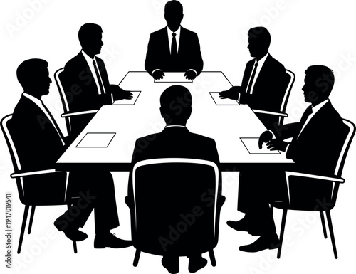 Business meeting group silhouette, corporate board team sitting around office conference table, professional executive vector design
