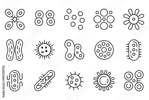 Collection of 15 Bacteria and Virus Line Icons for Biological and Medical Research Graphics