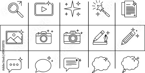 Generative AI logo icon set. Artificial intelligence icon collection featuring search, chat, edit, photo, sparkle, magic, stars, prompt, creative tools and AI generated icons for app and web.eps