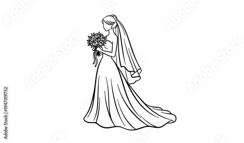 Abstract Bride Silhouette Wedding Dress and Bouquet Vector Design