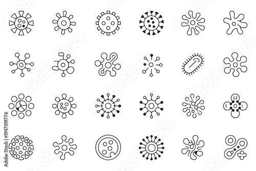 Collection of virus and bacteria line icons representing various pathogens and microorganisms for medical and scientific research.