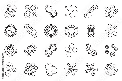 Extensive Set of 24 Bacteria and Virus Line Icons for Medical Education and Scientific Design
