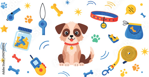 Cute puppy training collection with whistle clicker leash treat jar collar toys obedience pet training cartoon vector illustration set