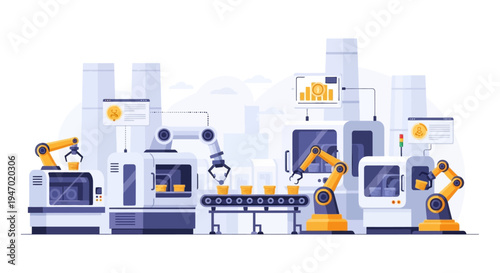 Robotic Automation: Smart Factory Production Line with AI, Conveyor Belt, and Digital Monitoring for Modern Manufacturing & Business Efficiency