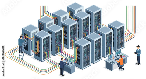 Isometric Illustration of IT Experts Maintaining a High-Density Server Room and Network Infrastructure