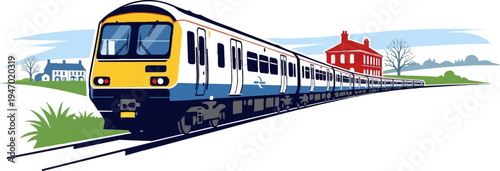 A bright, stylized train travels along railway tracks past quaint buildings and a red station