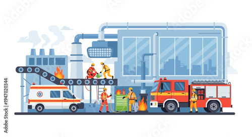 Industrial Factory Fire Incident: Emergency Response with Firefighters, Fire Truck, and Ambulance