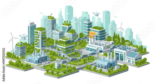 Eco-Friendly Smart City Isometric: Green Urban Landscape Featuring Sustainable Buildings, Wind Energy, Solar Power, and Advanced Mobility.