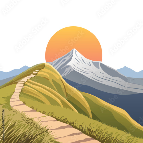 Mountain trail landscape with rising sun graphic design for outdoor concepts