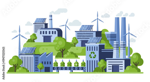 Sustainable City with Green Energy and Eco-Friendly Industry - Urban Landscape with Solar Panels, Wind Turbines, and Smart Manufacturing