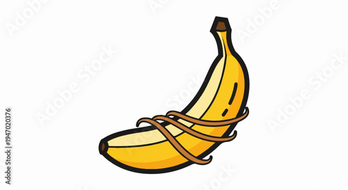 A bright yellow banana is depicted with thin brown bands wrapped around its middle