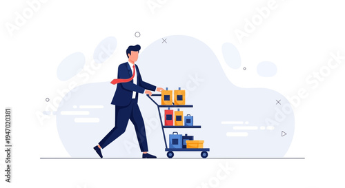 Businessman Pushing Shopping Cart with Products, Retail and Commerce Concept