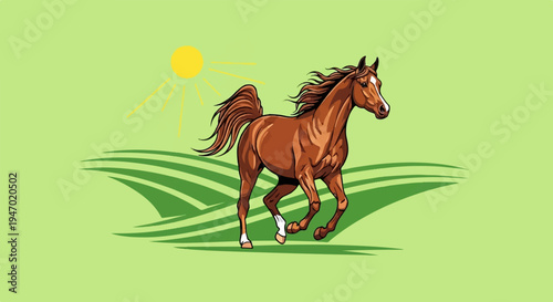 A brown horse gallops through rolling green fields under a bright sun