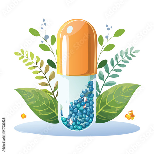 Medical capsule surrounded by green foliage isolated on white background