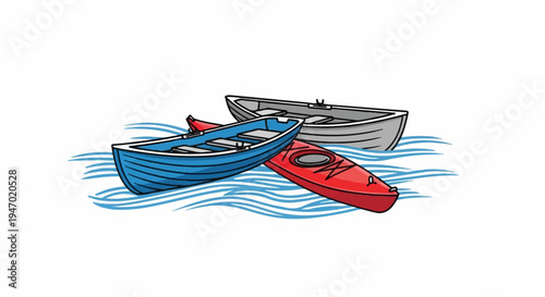 A collection of three different watercraft, a blue rowboat, a red kayak, and a gray dinghy, float serenely on wavy blue water