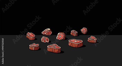 A collection of various raw meat cuts, artfully arranged on a dark, flat surface