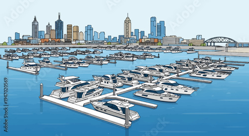 A bustling marina filled with numerous yachts, with a city skyline and bridge in the background