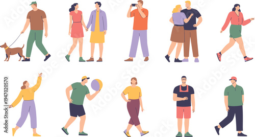 Flat people characters collection, casual lifestyle activities, walking couples, dog walking, smartphone photography, modern urban life vector illustration