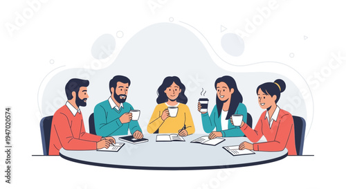 Diverse Team Discussing Ideas Around a Table with Coffee