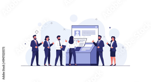 Team reviewing resumes on digital screen, recruitment, hiring process, business concept