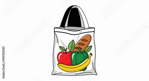 A canvas tote bag filled with fresh produce and a loaf of bread