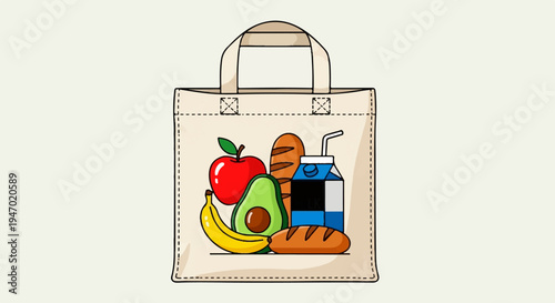 A canvas bag brimming with a colorful assortment of fresh food items and a carton of milk