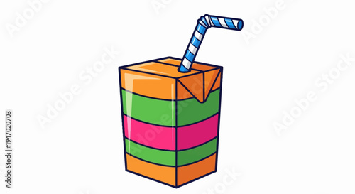 A colorful juice box with a striped straw, ready for a refreshing drink