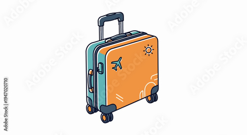A colorful rolling suitcase with travel decals, ready for an adventure