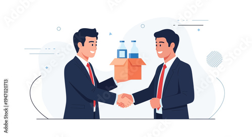 Businessmen shaking hands over a box of bottled drinks, successful deal.