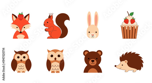 Cartoon animals and cupcake illustration