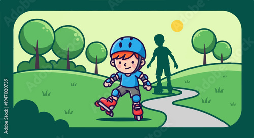 A cartoon child in protective gear rollerblades down a park path under a yellow sun