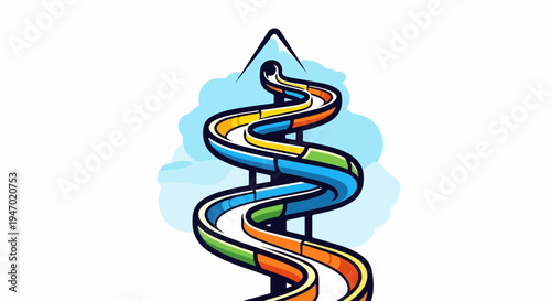 A colorful, winding water slide spirals down against a backdrop of blue clouds and a mountain peak