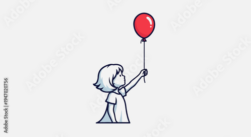 A cartoon child with light hair and a white shirt holds a red balloon up