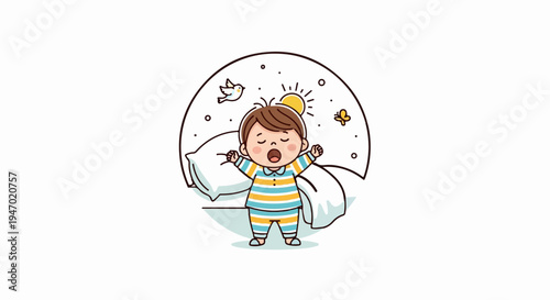 A cartoon child in striped pajamas wakes up in bed with arms stretched wide, sun shining