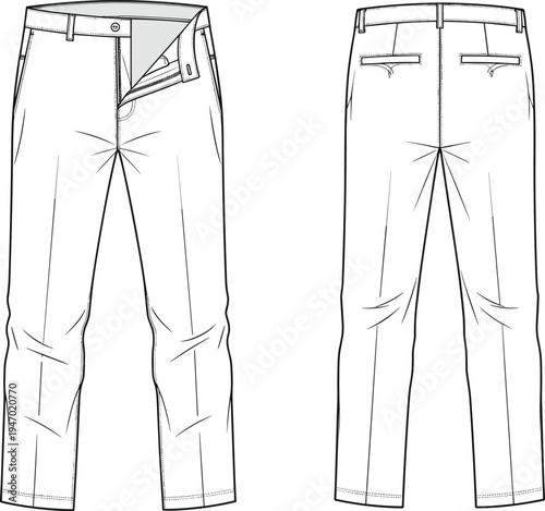 Men’s casual trousers technical flat sketch with front and back view, classic pants apparel template, fashion garment vector line drawing
