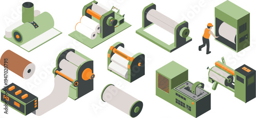 Industrial paper manufacturing machines, paper roll processing equipment, factory production line, printing industry machinery, paper mill technology, industrial equipment illustration