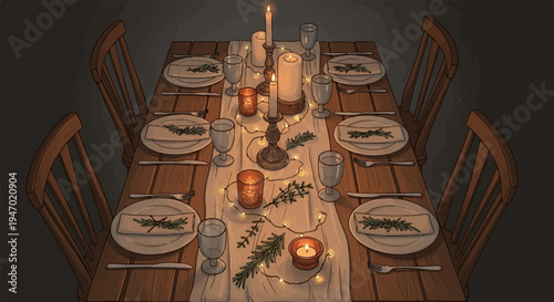 A cozy candlelit dinner table set for four, adorned with greenery and fairy lights