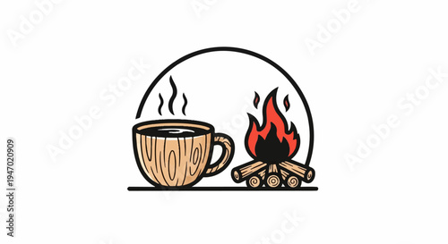 A cozy scene with a steaming mug of coffee beside a vibrant campfire, under a simple arch