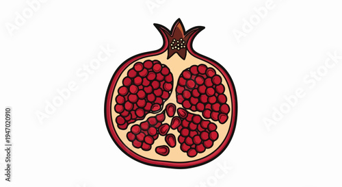 A cross-section of a ripe pomegranate, showcasing its vibrant red arils and creamy white pith