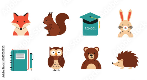 Cartoon animals and school items illustration
