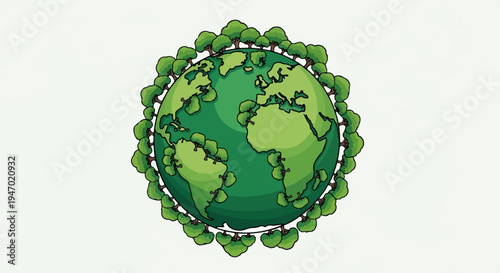 A cartoon globe with trees growing around its continents on a white background