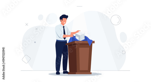 Man in suit presenting a covered object on a podium, illustration