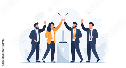 Teamwork success: Business people celebrating victory with high fives and trophy