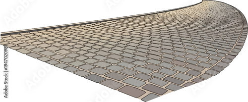 A curved pathway made of cobblestones fades into the distance on a white background