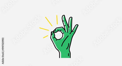 A green hand forms an "okay" gesture with yellow lines radiating from the fingertips