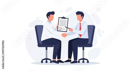 Two businessmen shaking hands over a contract, discussing business deal, partnership agreement