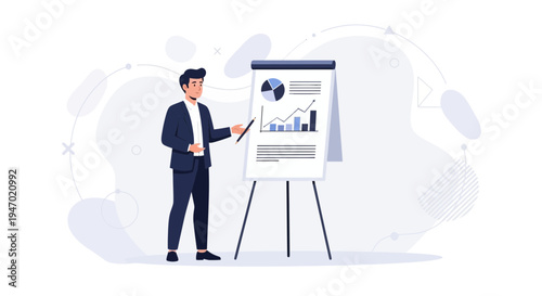 Businessman presenting financial charts on a flip chart, business analytics concept