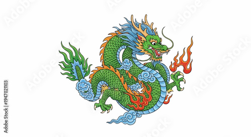 A green, serpentine dragon with blue mane and fiery accents on a white background