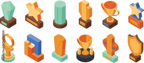 Isometric trophy icons set, award collection, golden cup prizes, winner symbols, achievement trophies, competition awards, victory badge illustration